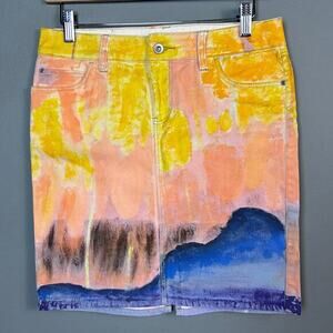 Anthropologie denim skirt size 25 / xs hand painted art Summer Sun boho festival